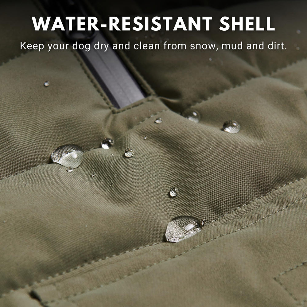 Spark Paws Winter Jacket olive harness-hole detail for easy leash access