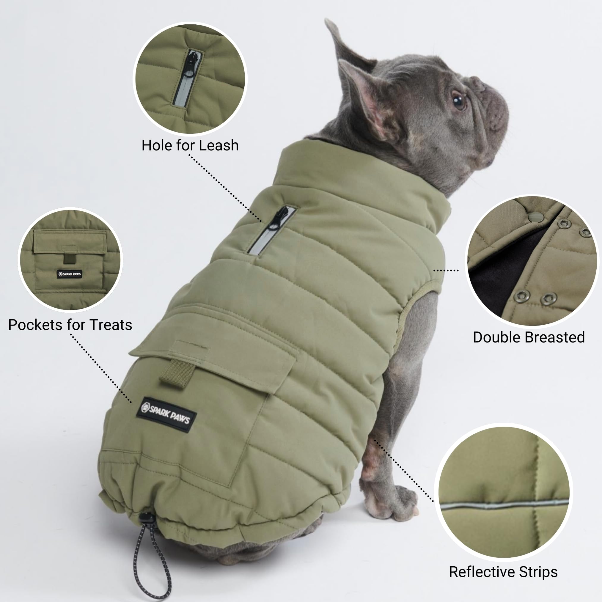 Spark Paws Winter Jacket olive on-dog-walk demonstrates cozy comfort in cold weather