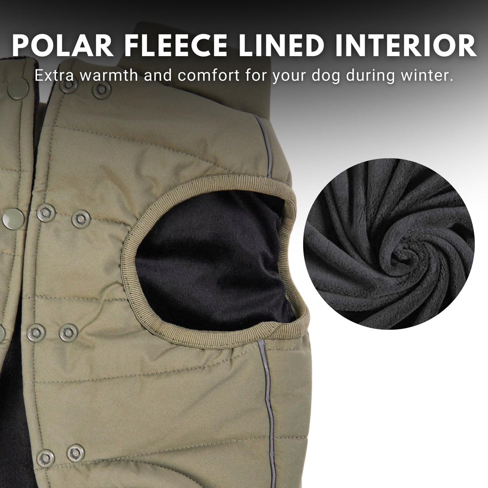 Spark Paws dog winter jacket olive reflective strips for night safety