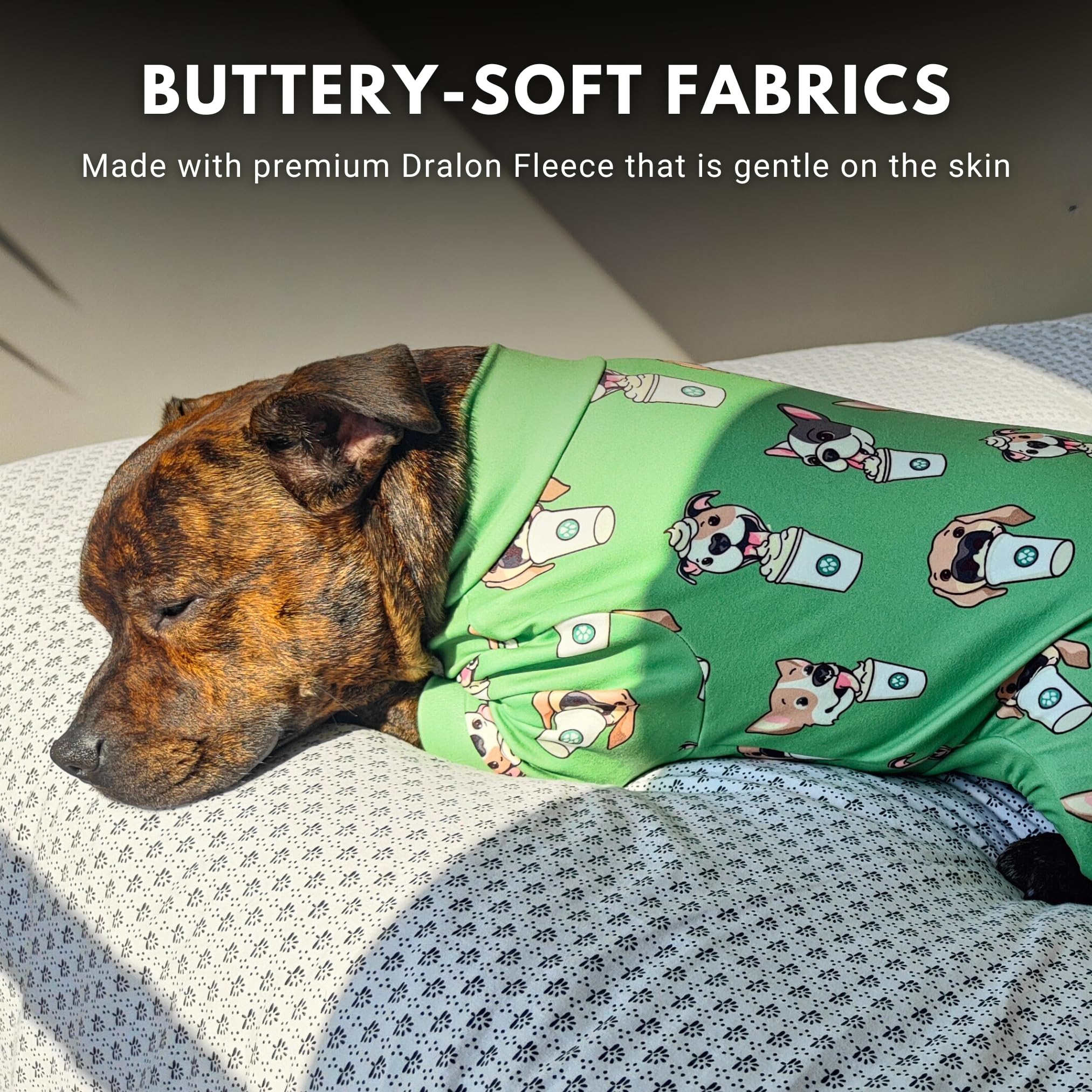 Spark Paws dog pajama side profile demonstrates precision fit across sizes.