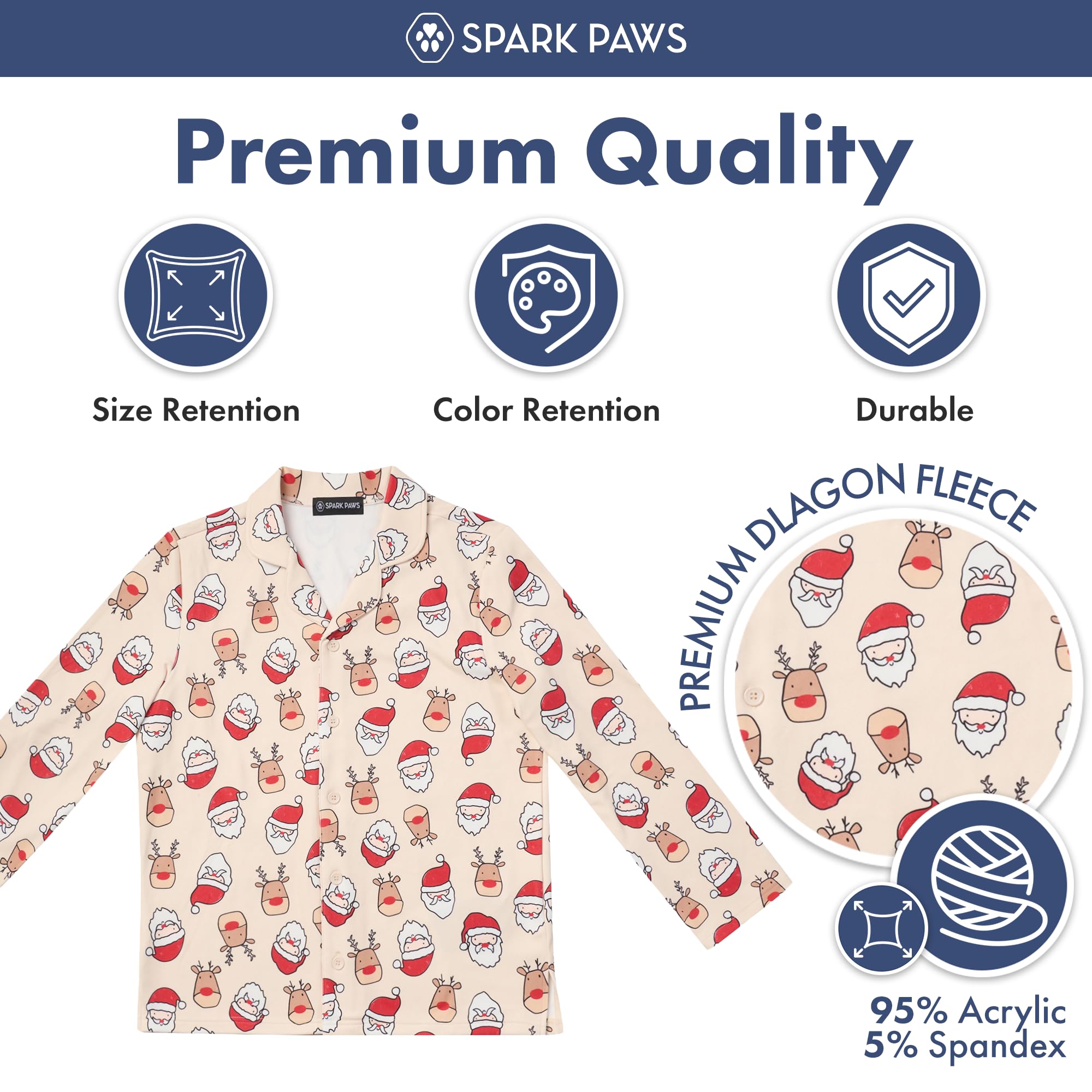 Spark Paws family holiday outfit Santa Rudolph pajama set on couch for joyful gatherings