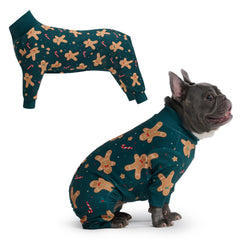 Spark Paws Gingerbread Man dog pajama front view shows festive comfort and 4-way stretch