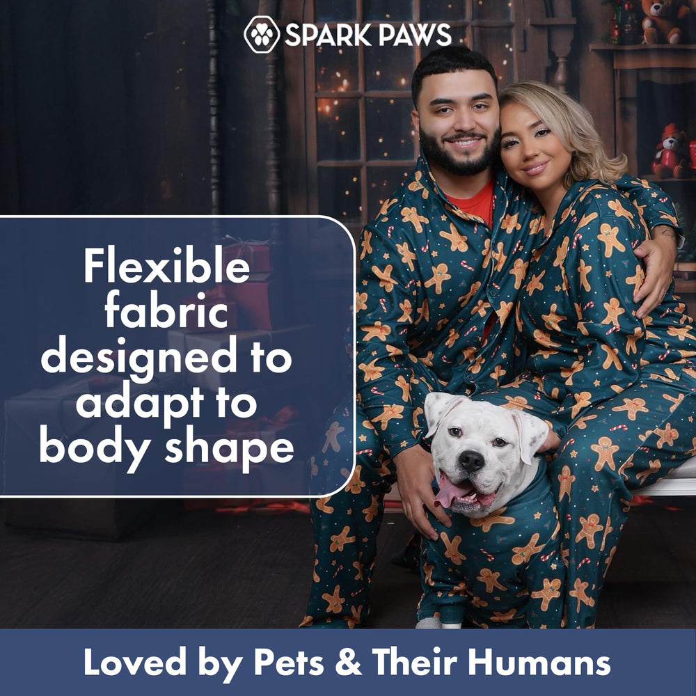 Spark Paws holiday dog model wears gingerbread pajama for festive vibes