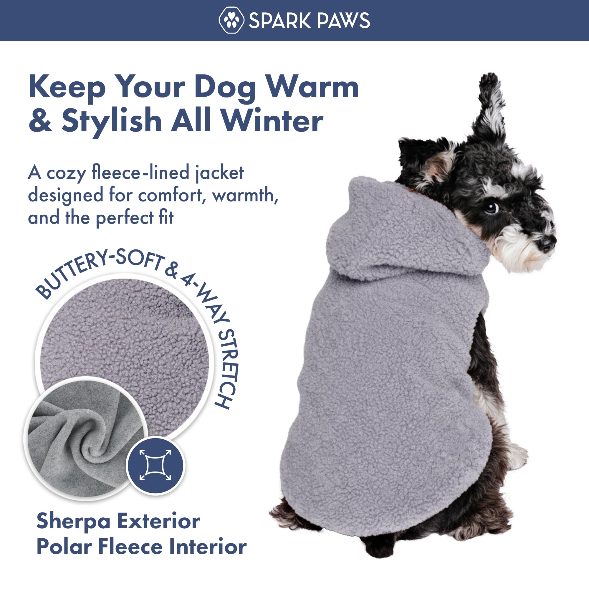 Spark Paws hooded sweater vest closeup demonstrates secure hood for playful pups.