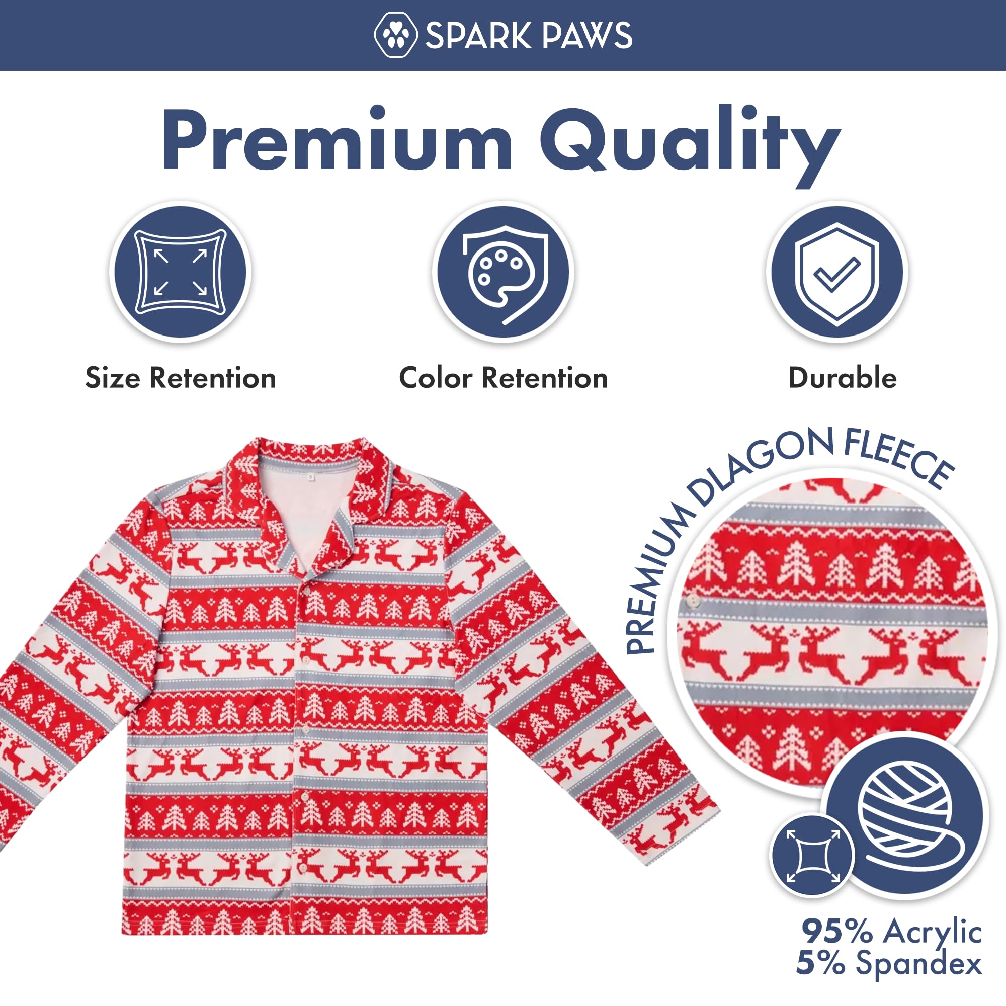 Spark Paws human Christmas pajama top fabric closeup highlights ultra-soft fleece and stretch.