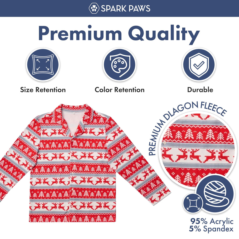Spark Paws human Christmas pajama top fabric closeup highlights ultra-soft fleece and stretch.