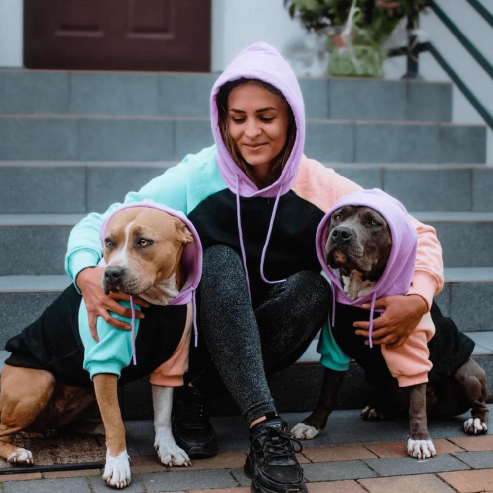 Spark Paws human hoodie drawcord hood emphasizes adjustable warmth on chilly days.
