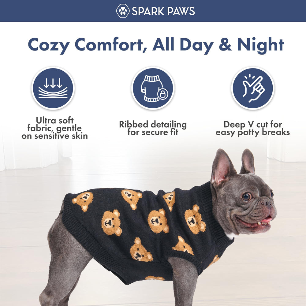 Spark Paws Knit Dog Sweater available-in-sizes-small-medium-large showcase versatile fit.