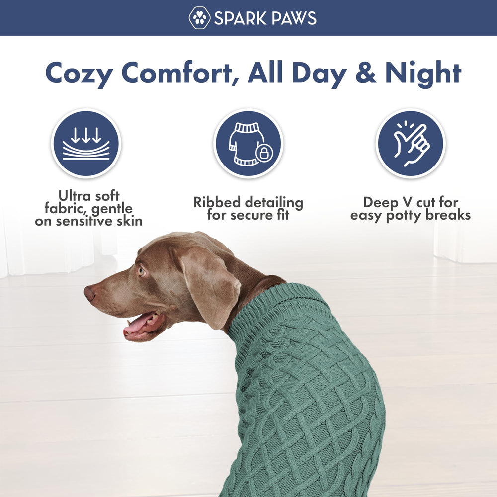 Spark Paws Knit Dog Sweater care instructions image shows machine wash and hang dry.