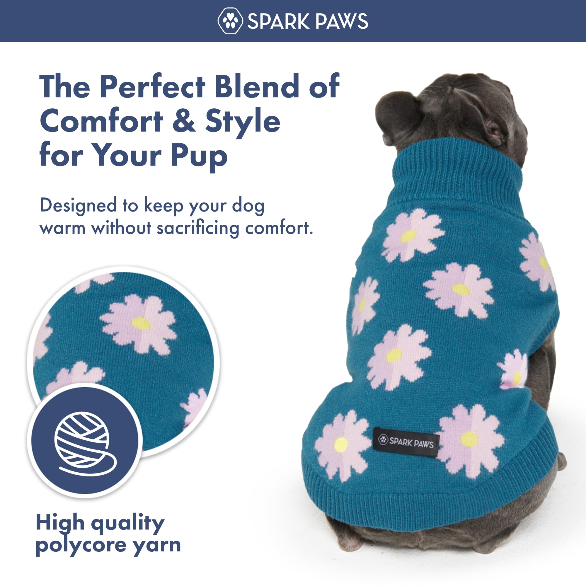 Spark Paws Knit Dog Sweater flower-pattern closeup shows stylish winter wear