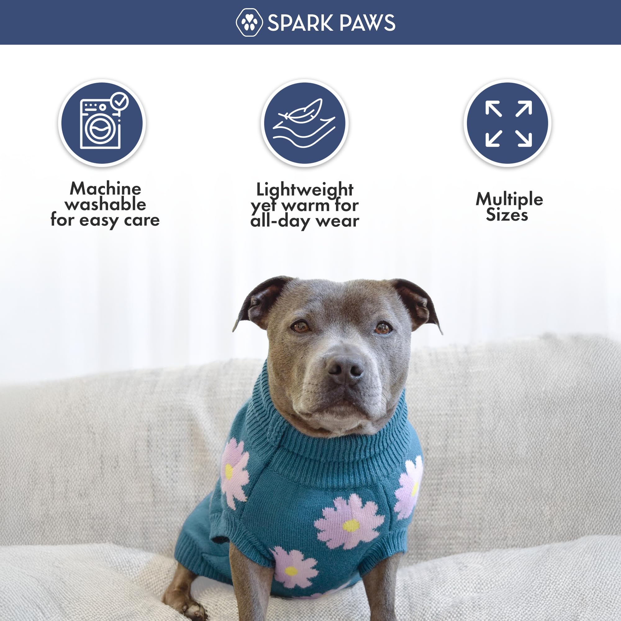 Spark Paws Knit Dog Sweater front cut V-cut for easy potty breaks