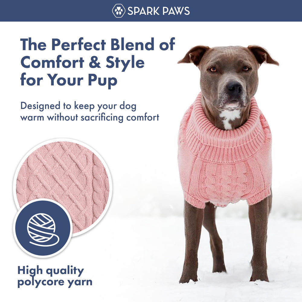 Spark Paws Knit Dog Sweater pink cableknit deep V-cut eases potty breaks.