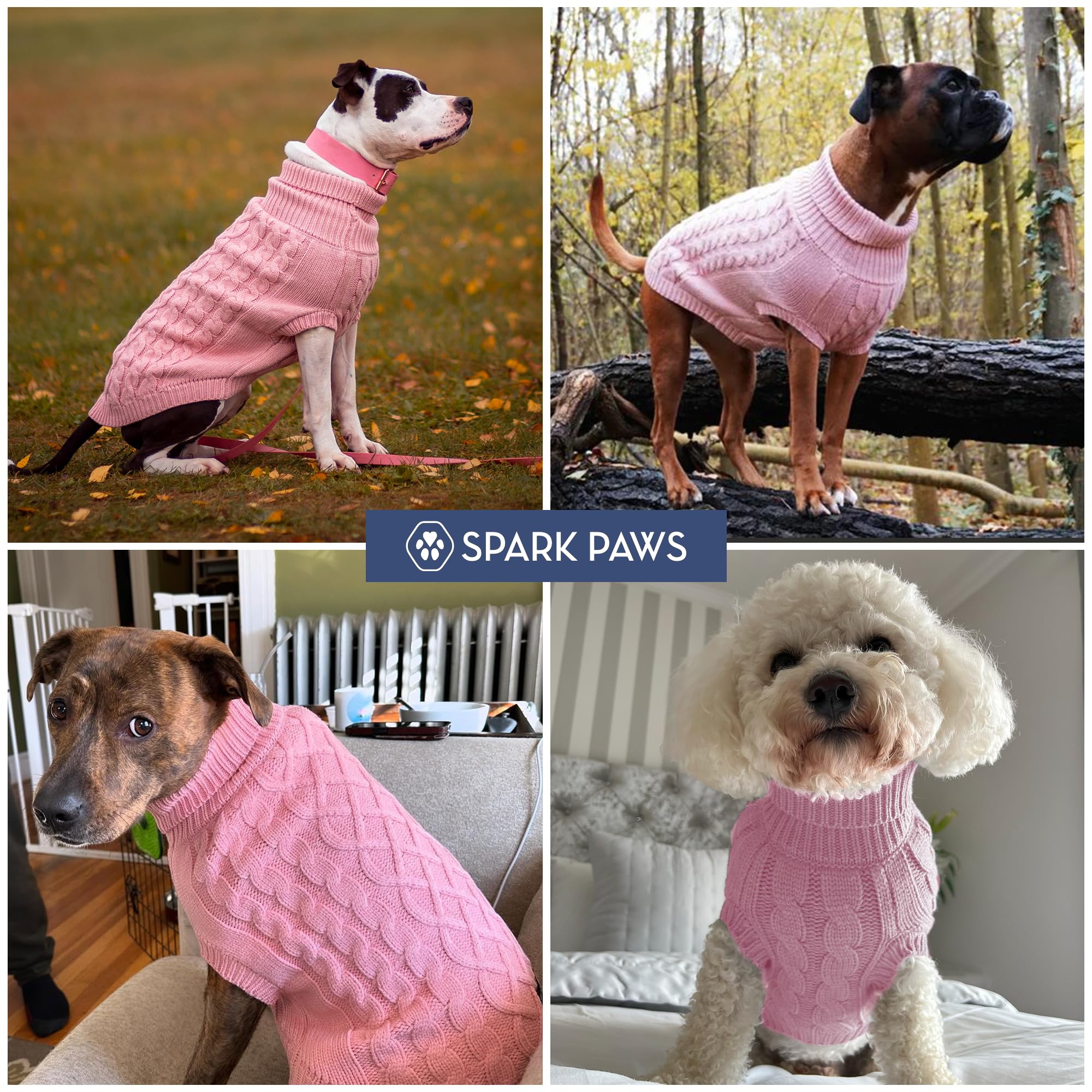Spark Paws Knit Dog Sweater worn by a dog shows durable warmth for cold days.