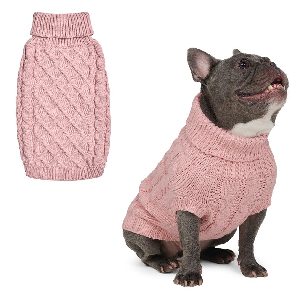 Spark Paws Knit Dog Sweater pink cableknit front view shows snug stretch fit.