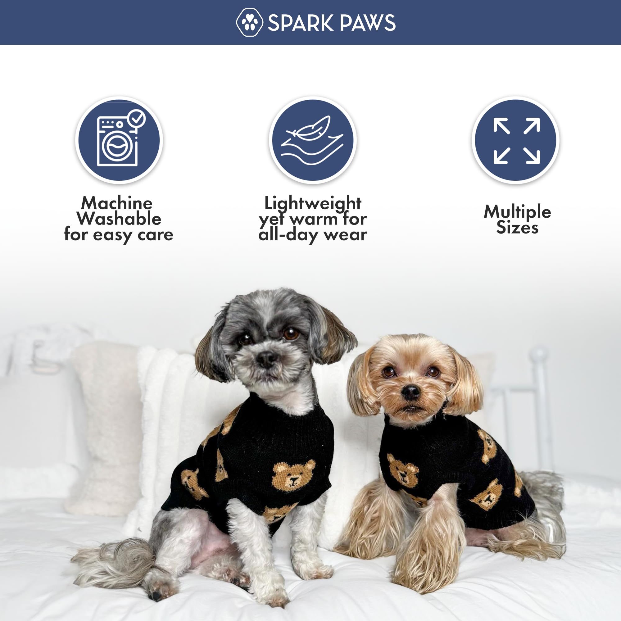 Spark Paws Knit Dog Sweater ribbed-neck-cuffs-hem shot showing secure stretch fit.