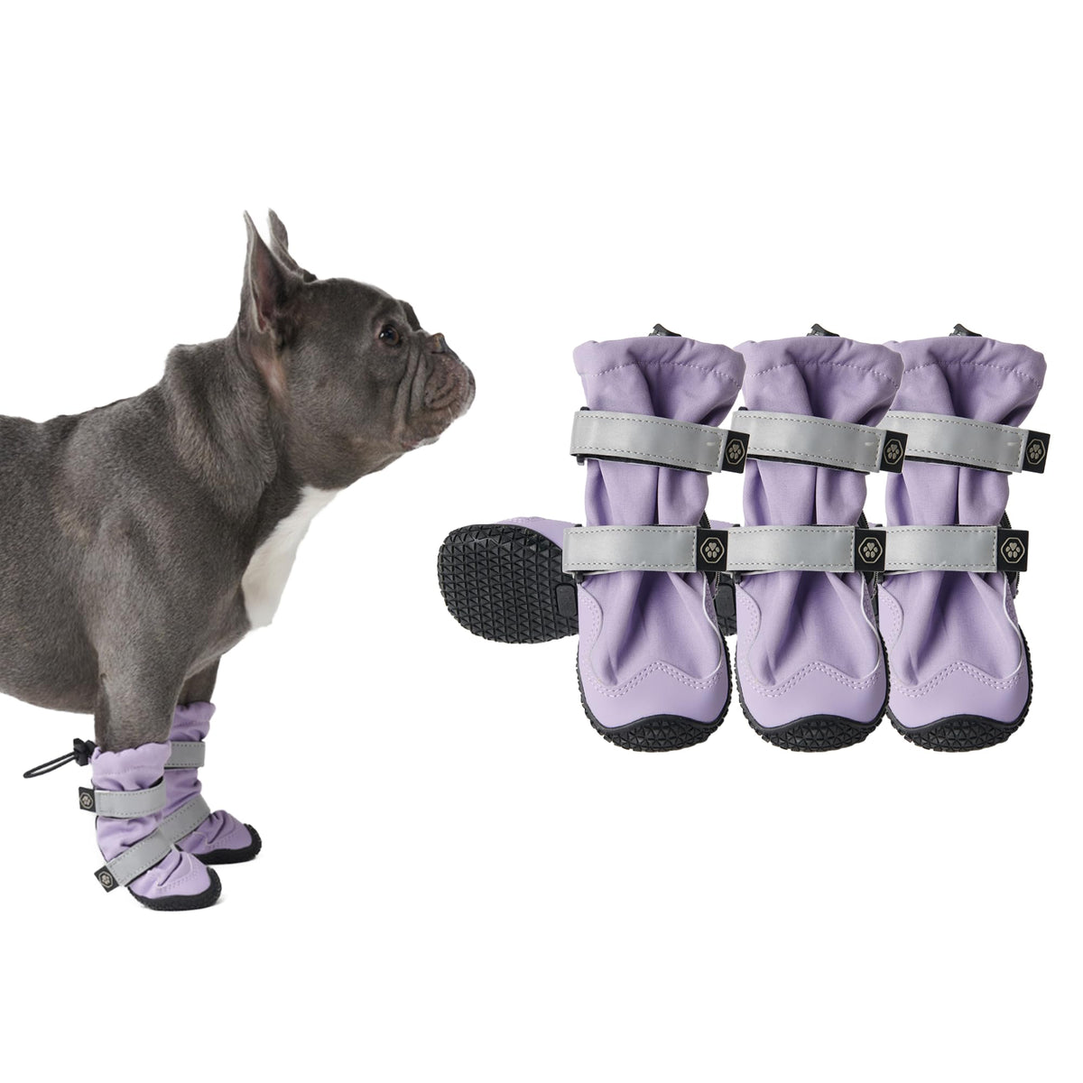 Spark Paws lilac dog shoes side view with secure fit for walks.