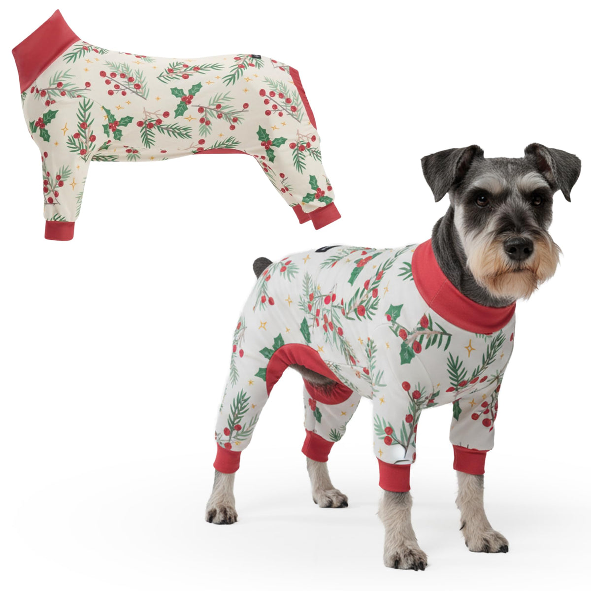 Spark Paws mistletoe onesie front view offers cozy all-day wear for dogs.