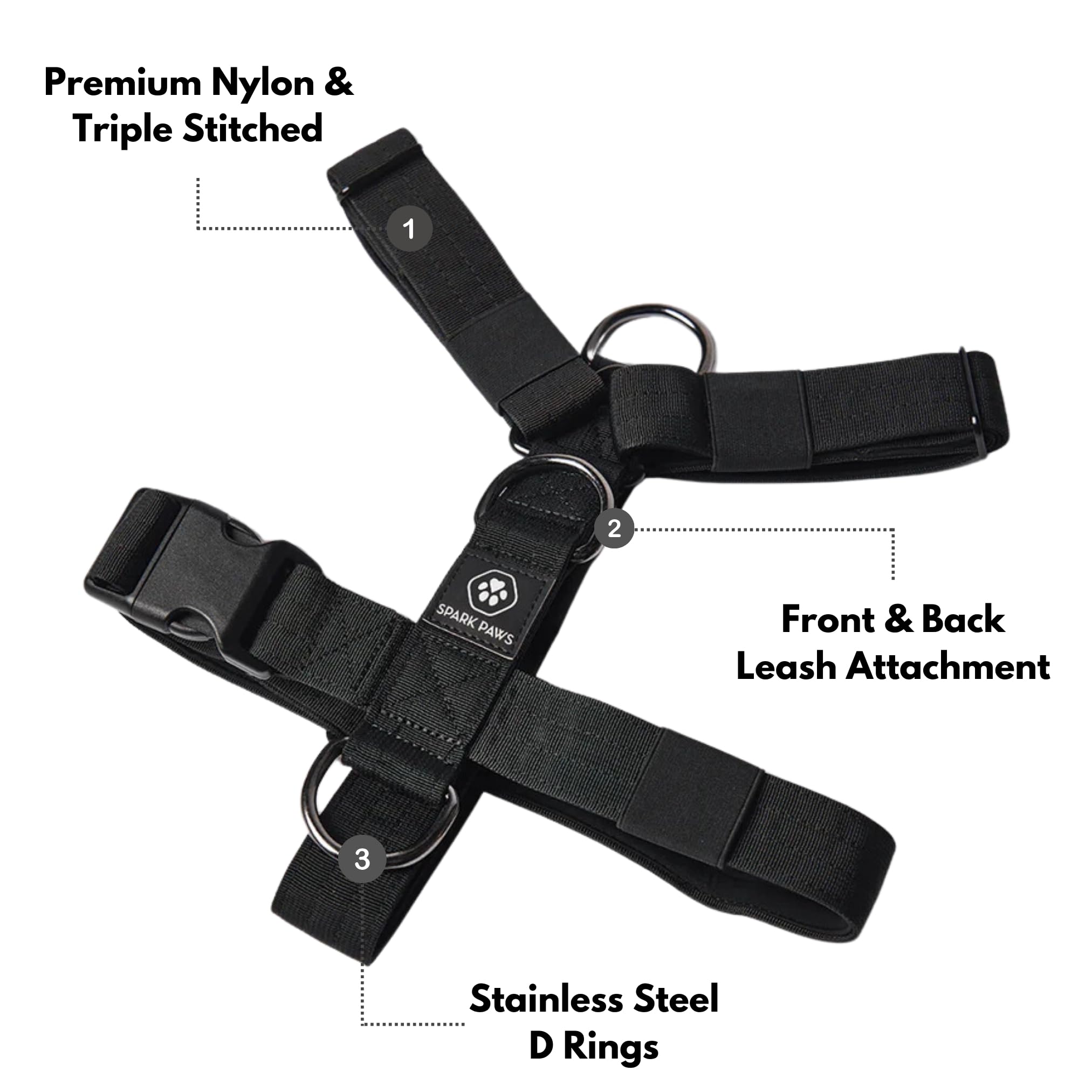 Spark Paws no-pull harness adjustable straps show customizable fit for diverse breeds.