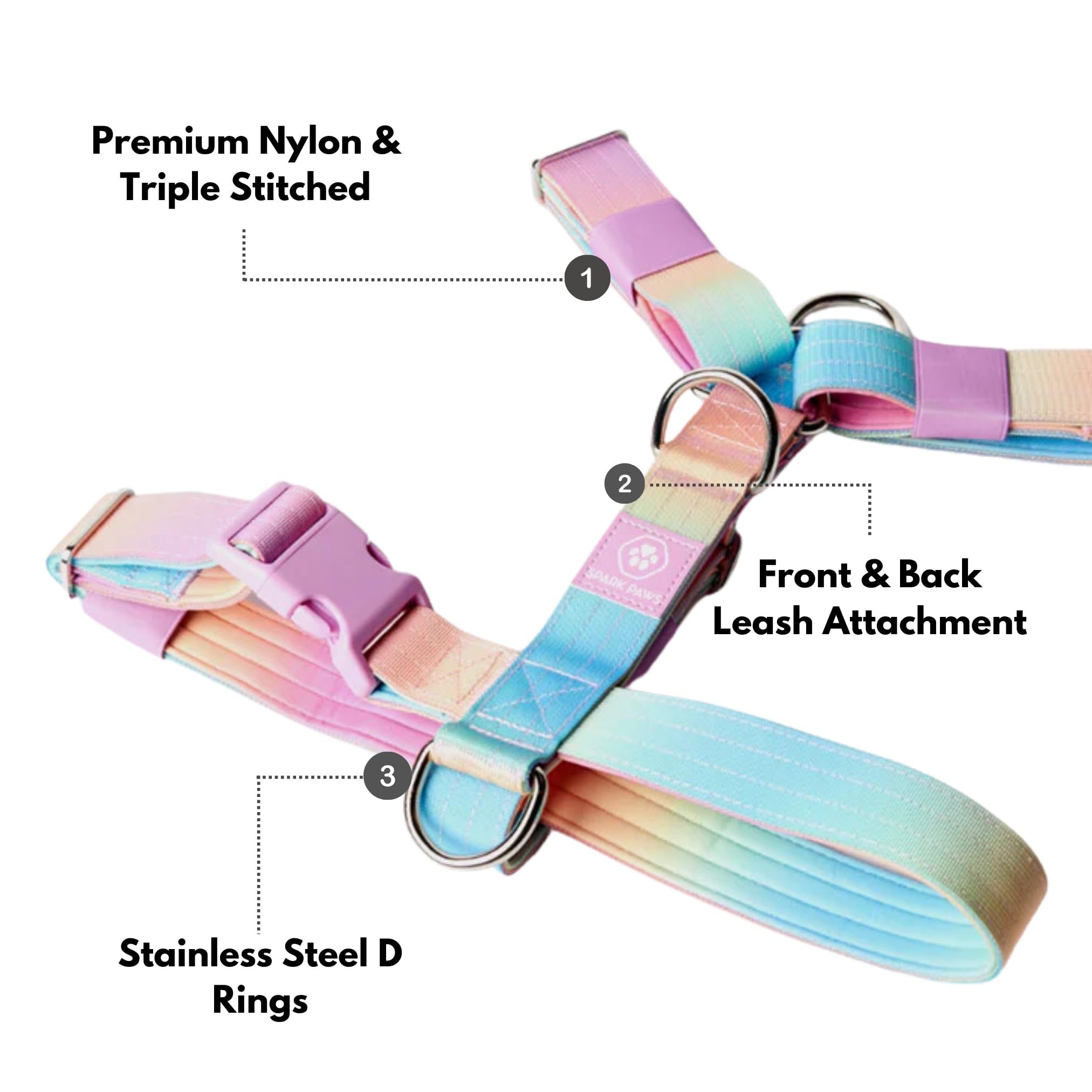 Spark Paws No Pull Harness buckle detail highlights triple stitched fasteners for durable wear