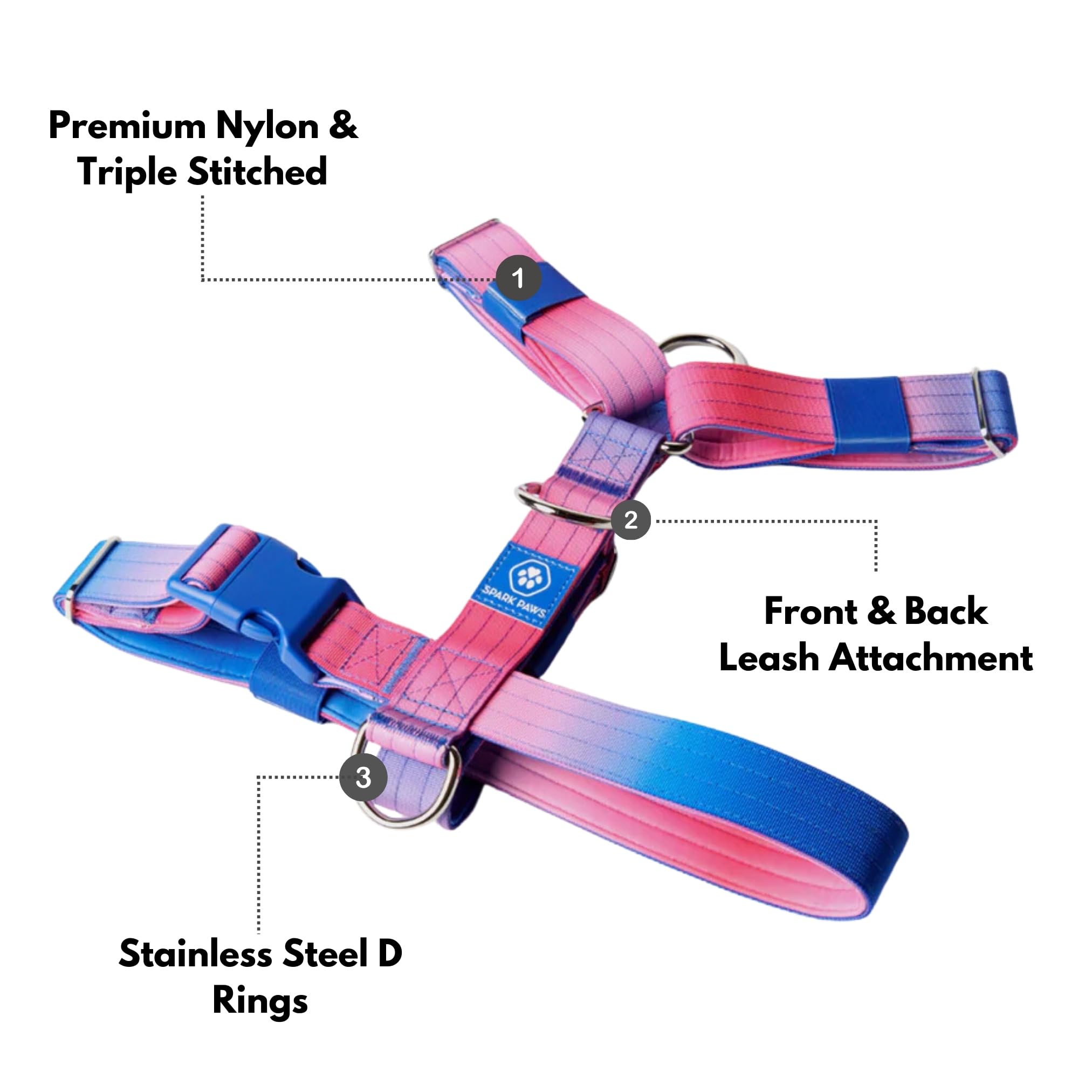 Spark Paws No Pull Harness Snow Cone padded-neoprene image highlights gentle padding prevents chafing during long walks