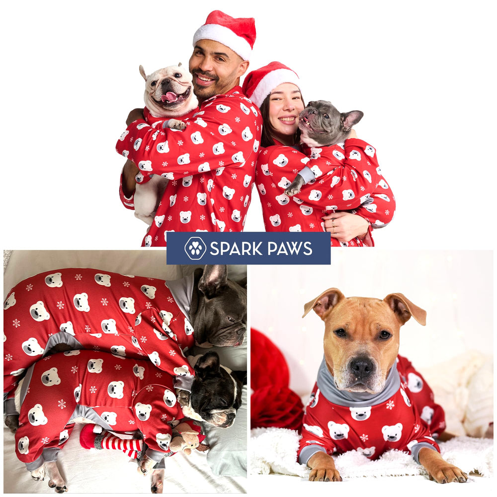 Spark Paws Polar Bear dog pajama care tag close-up for easy washing.