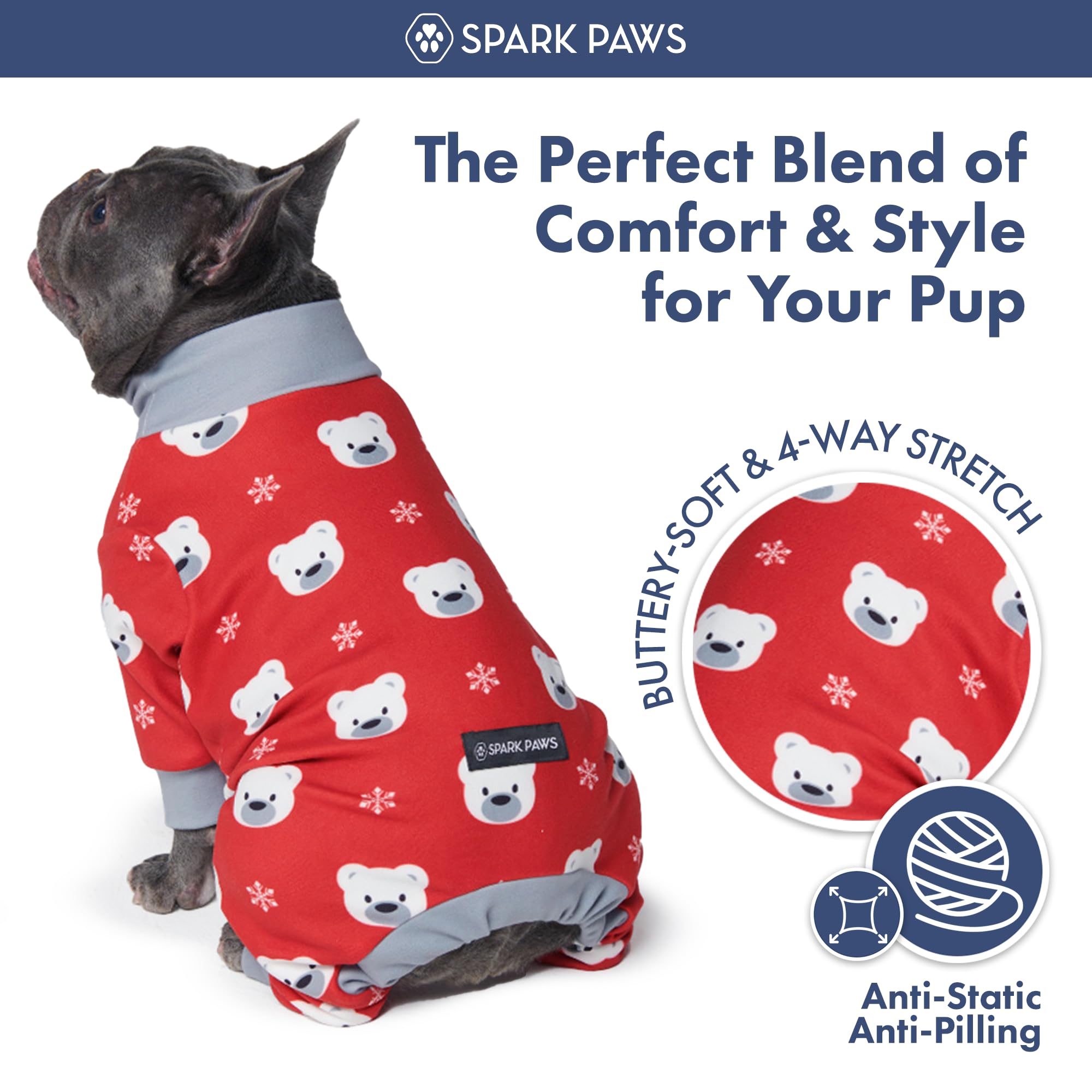 Spark Paws Polar Bear dog pajama rear-cut helps easy potty breaks.