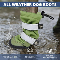 Spark Paws green boots with reflective straps for safer dawn and dusk walks.
