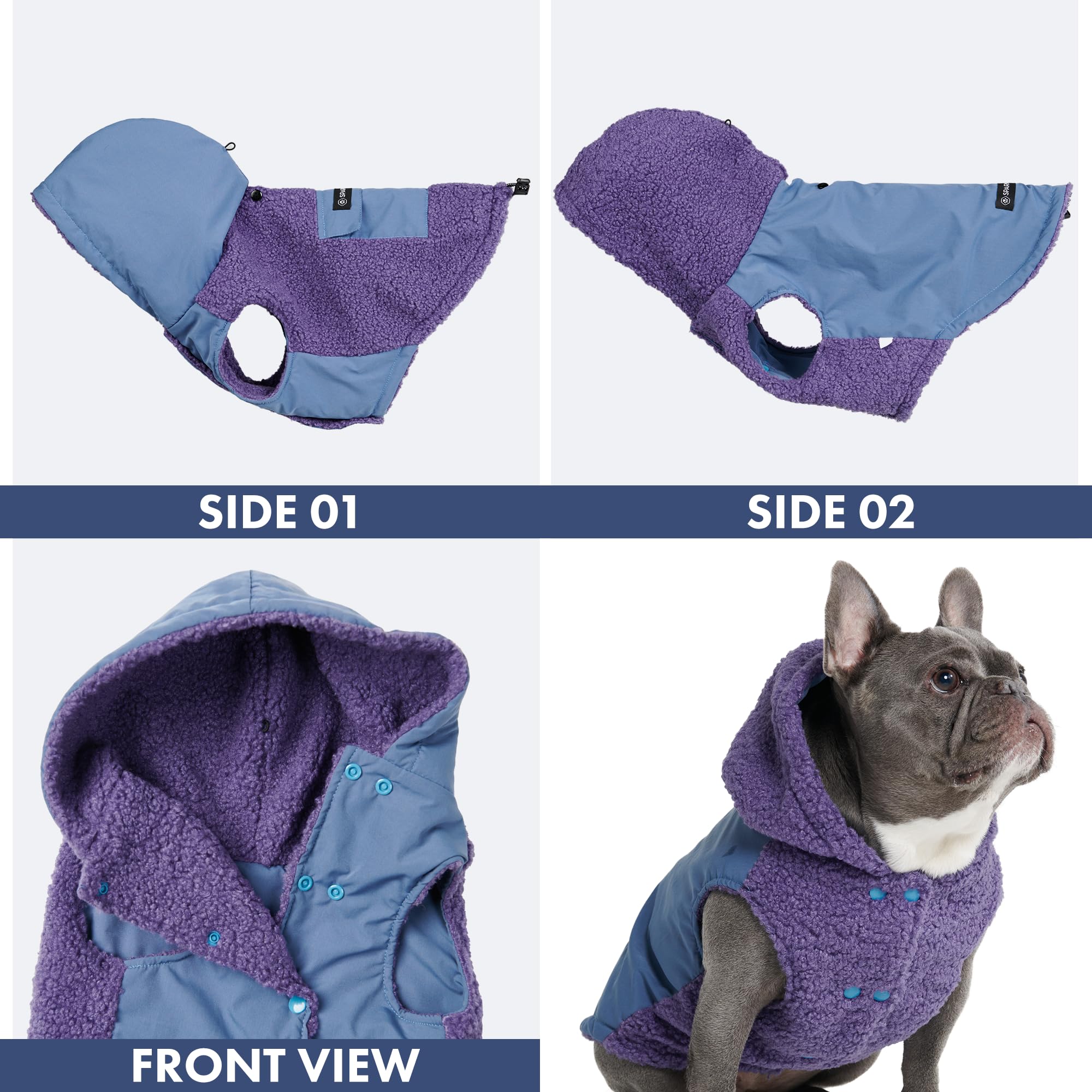 Spark Paws double-breasted buttons provide adjustable fit for many dog sizes.
