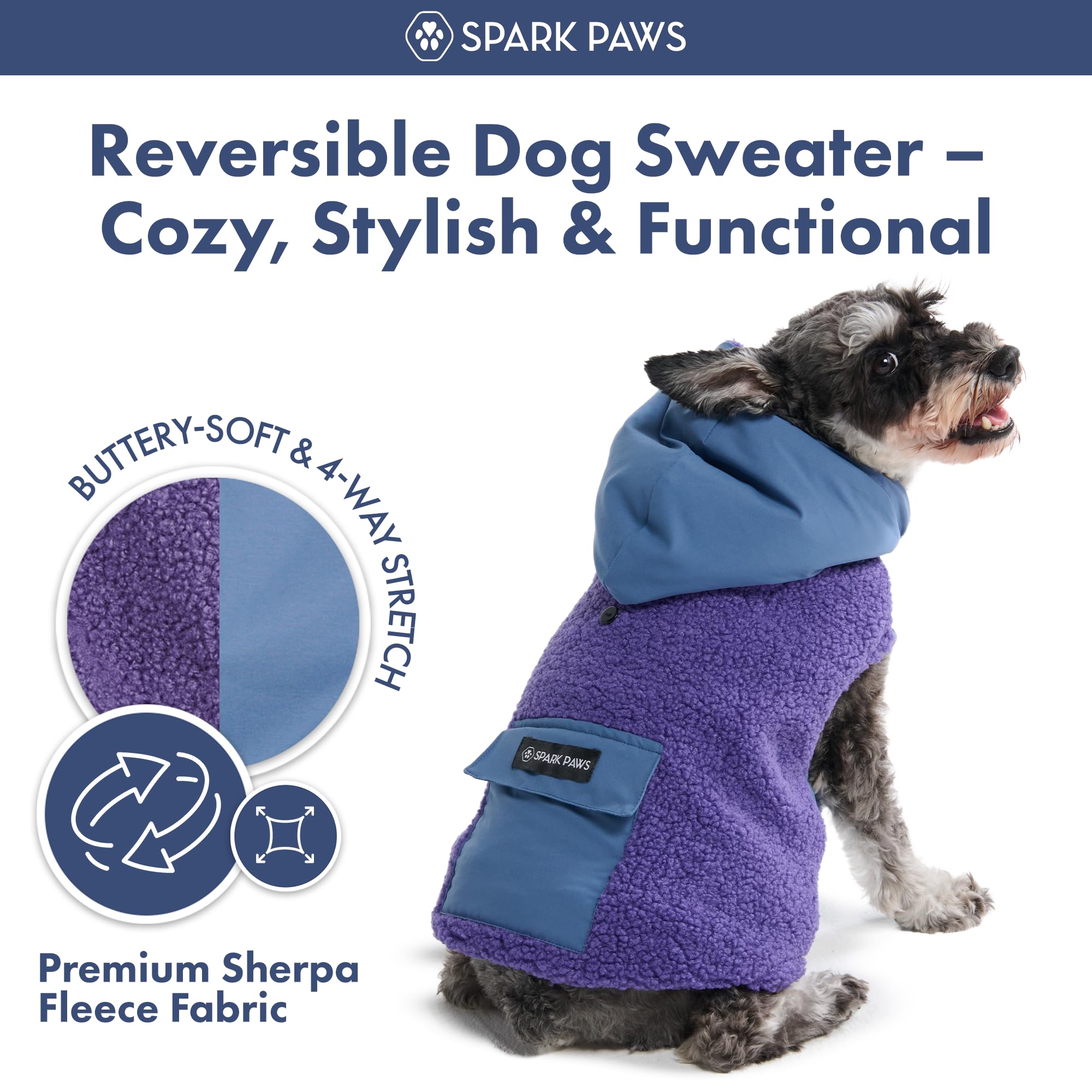 Spark Paws hood detail shows secure button-on hood for active dogs during play.