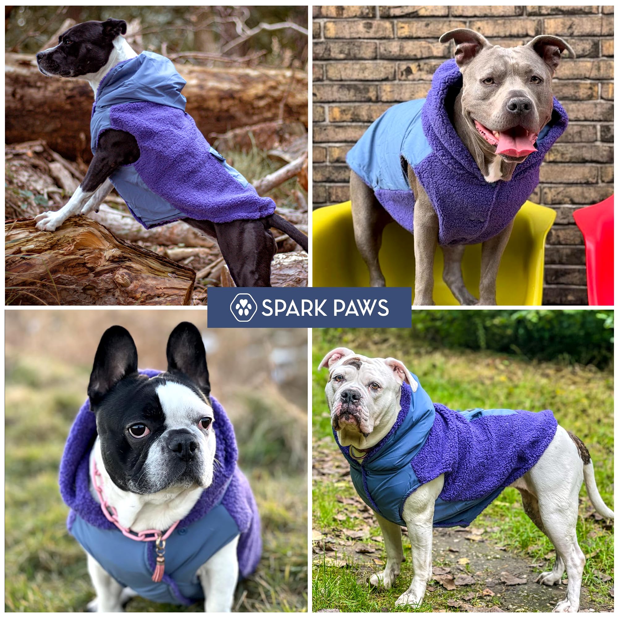 Spark Paws size range illustration shows XS to XXL fits.