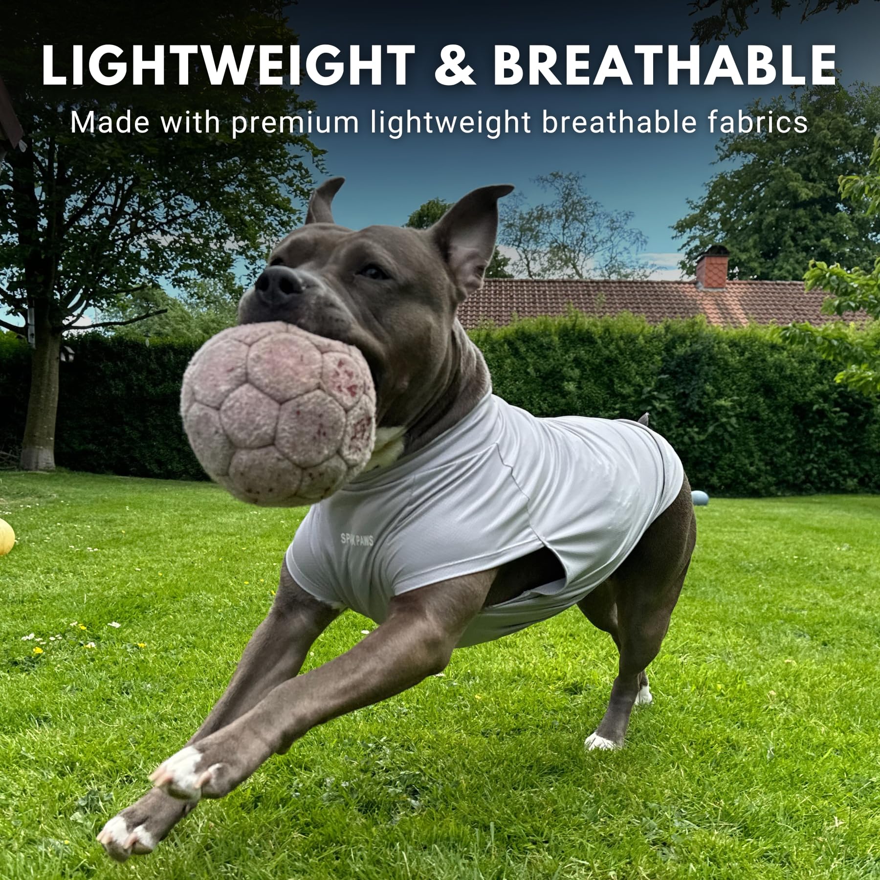 Spark Paws Sunblock Dog T-Shirt lightweight breathable fabric keeps dogs cool during play.