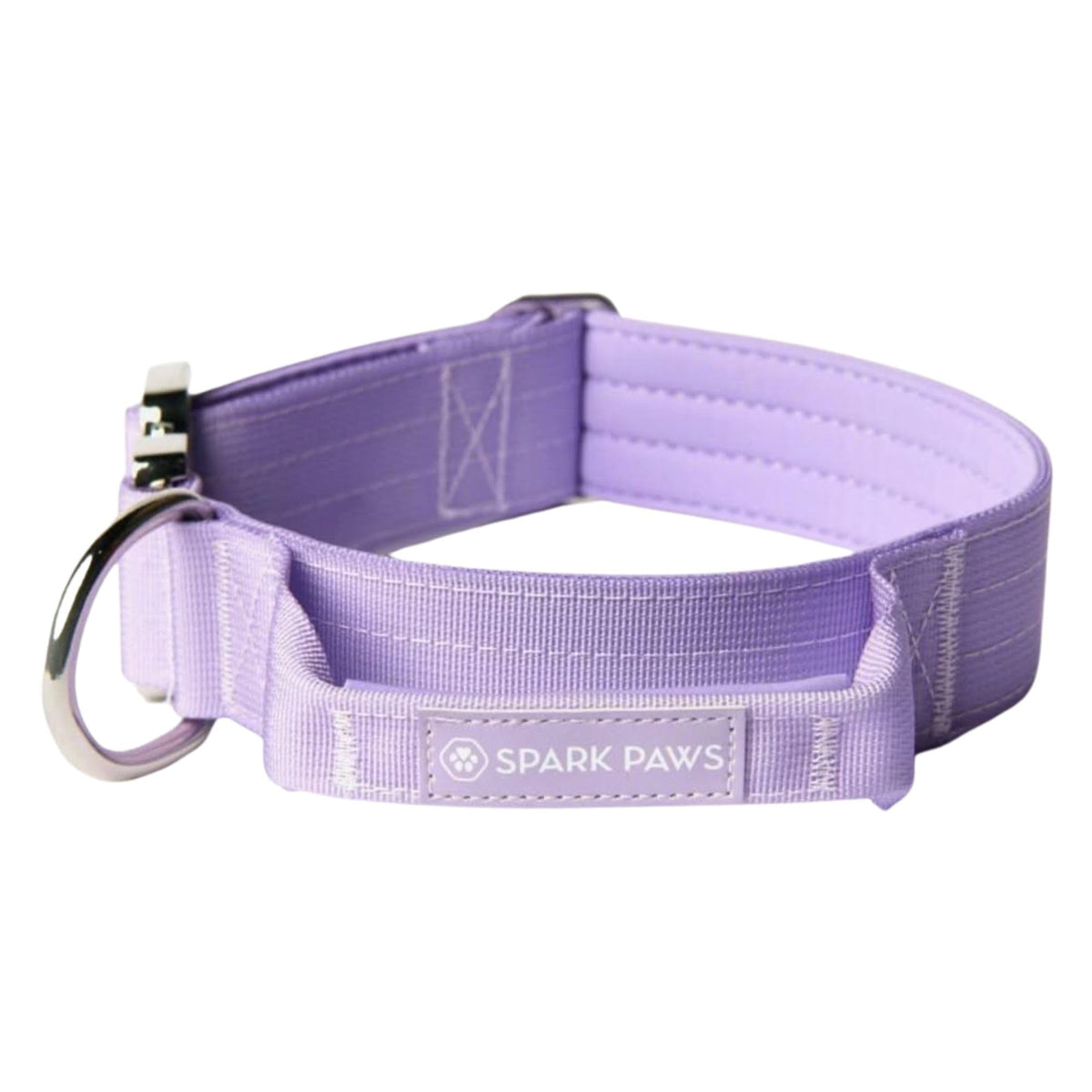 Spark Paws Tactical Dog Collar purple closeup displays rugged nylon and durable buckle.
