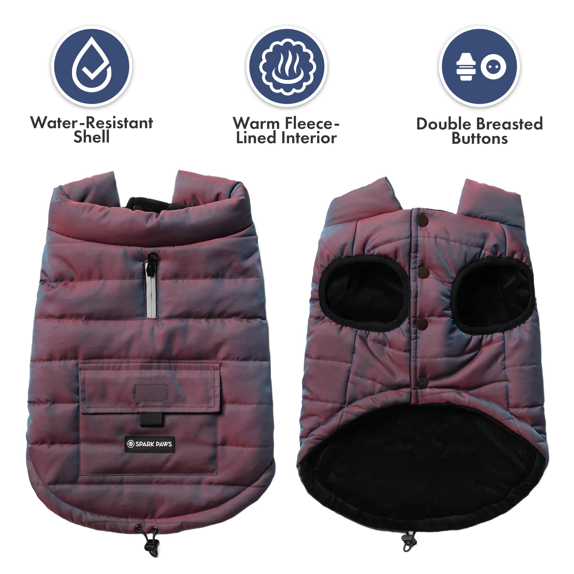 Spark Paws water-resistant fabric detail image highlights protective outer layer against snow and drizzle.