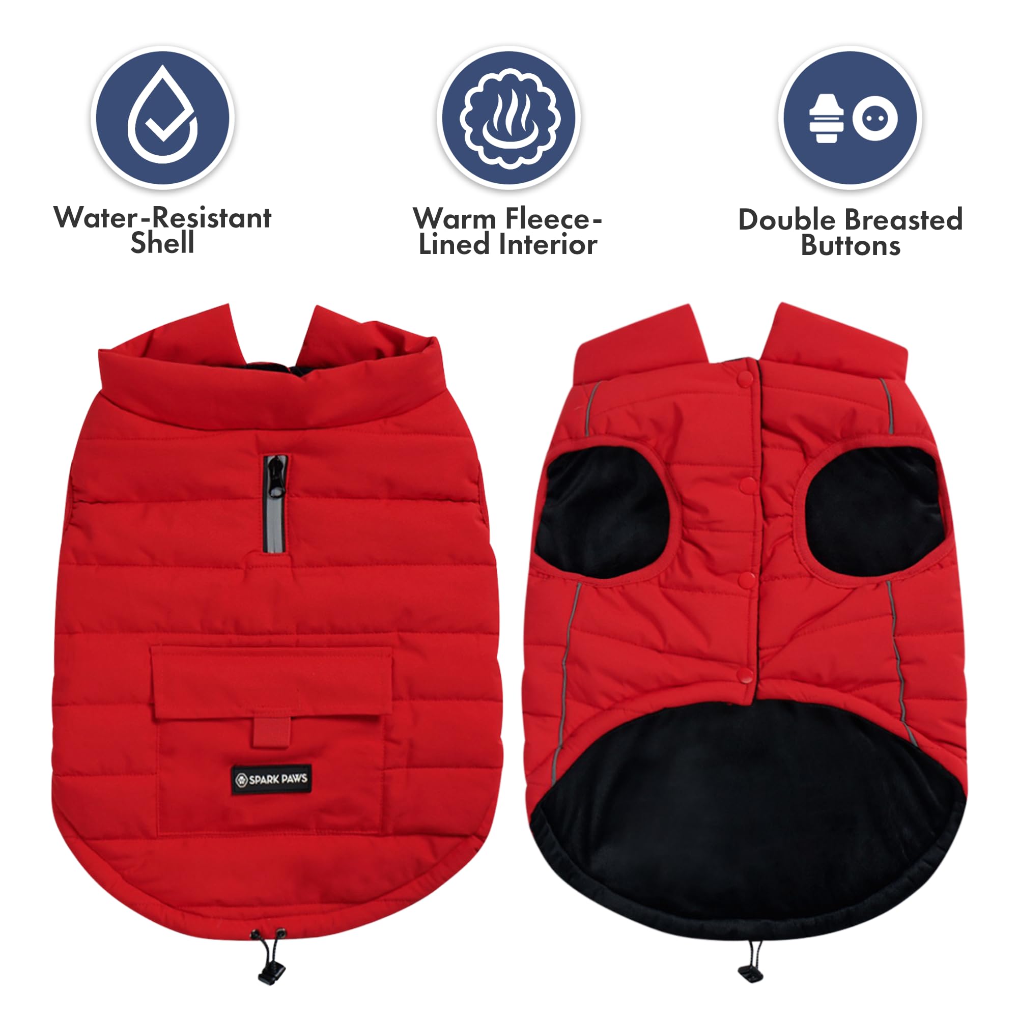 Spark Paws jacket exterior water-resistant shell protecting against wind and snow.