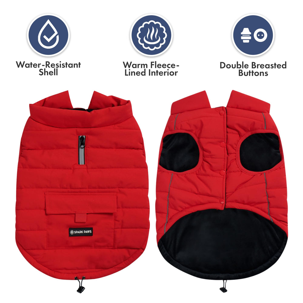 Spark Paws jacket exterior water-resistant shell protecting against wind and snow.