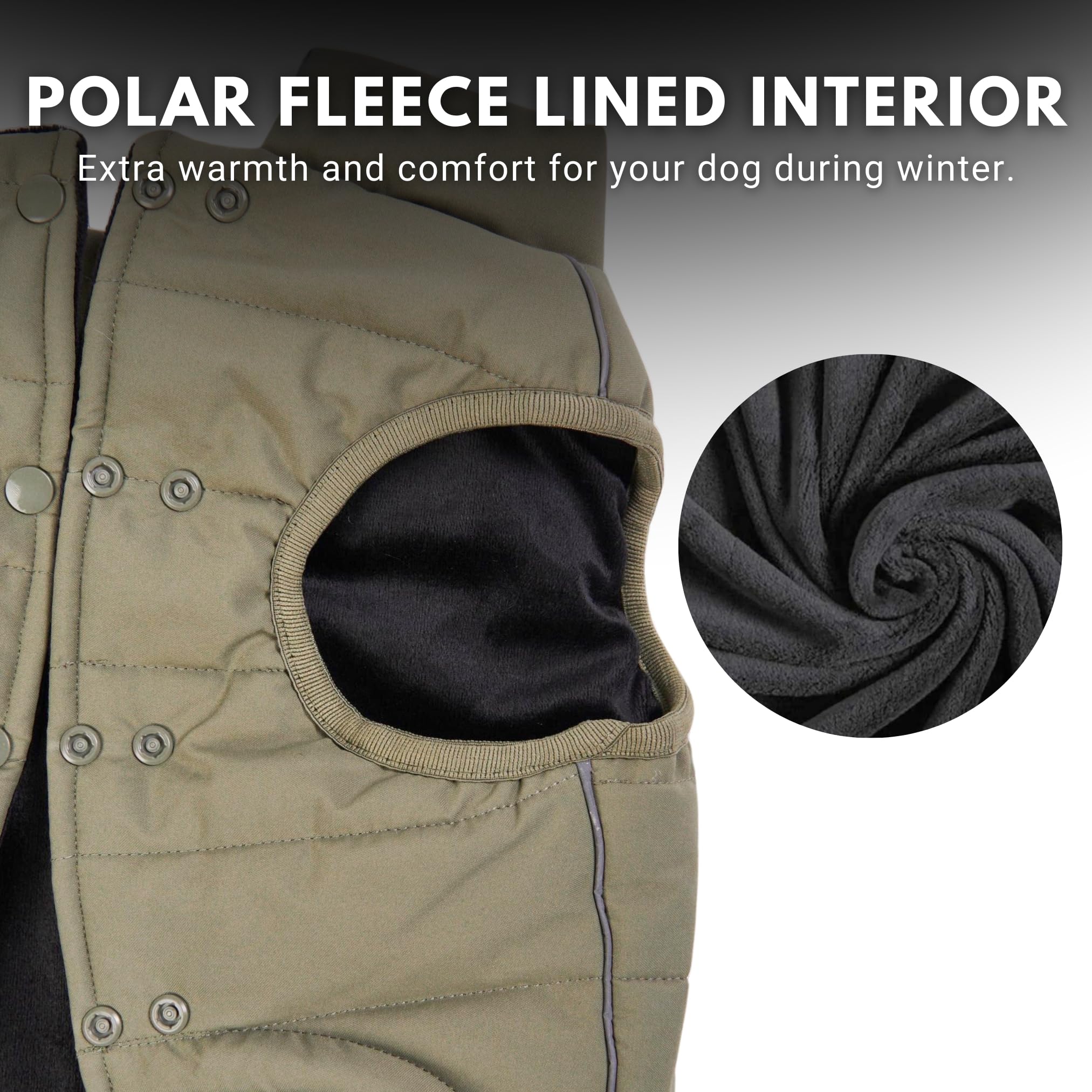 Spark Paws winter jacket reflective straps boost nighttime visibility.