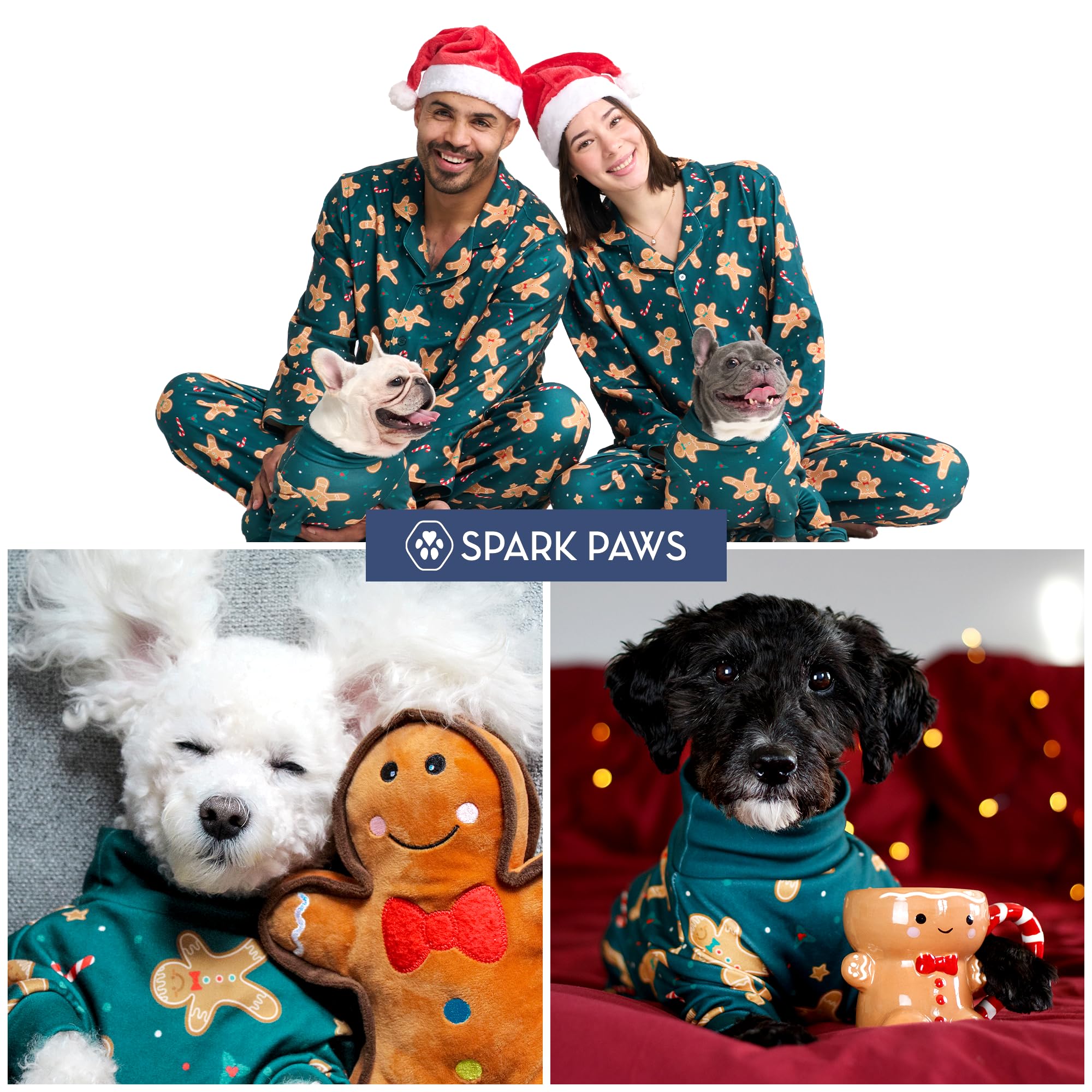 Spark Paws XL size Gingerbread Man pajama on dog ready for cozy nights