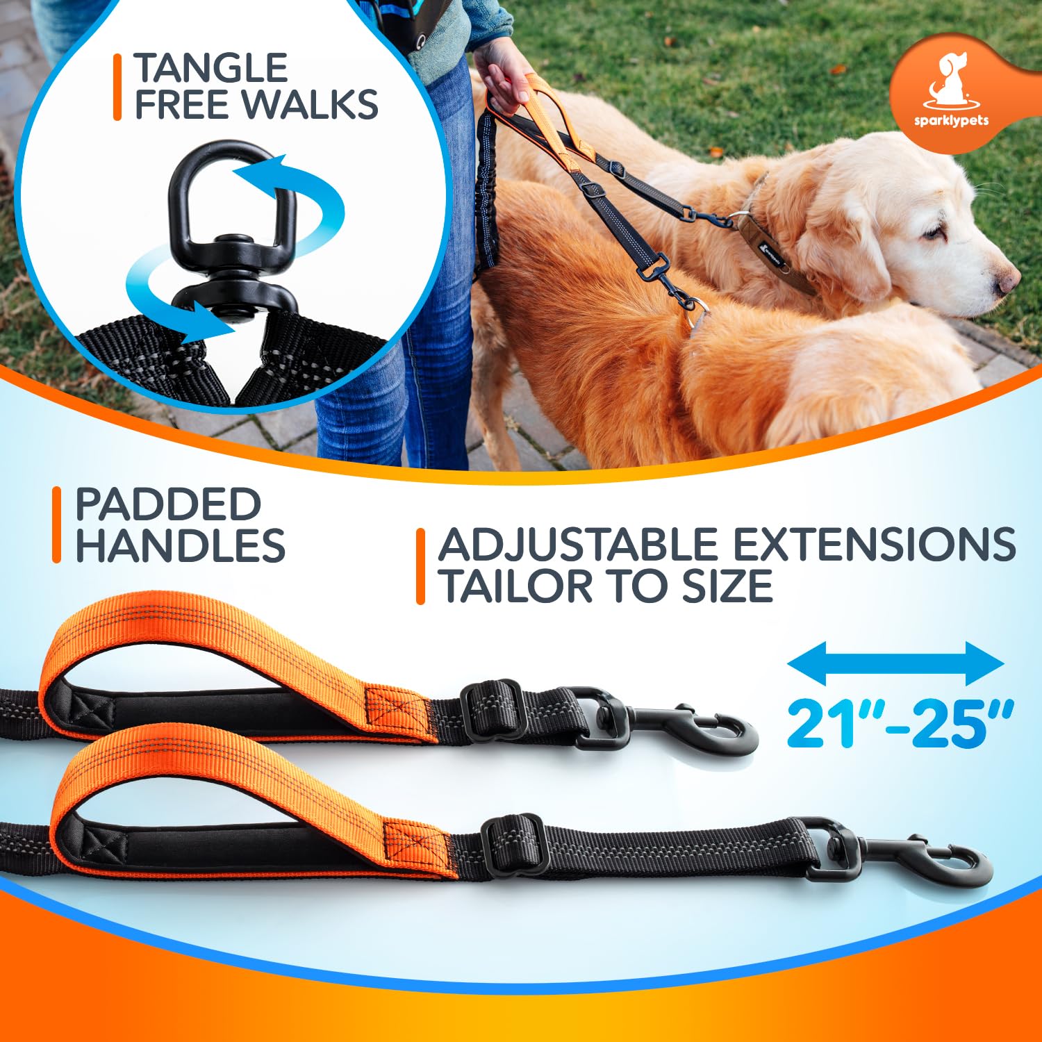 SparklyPets 2-dog leash padded handle reduces hand fatigue.