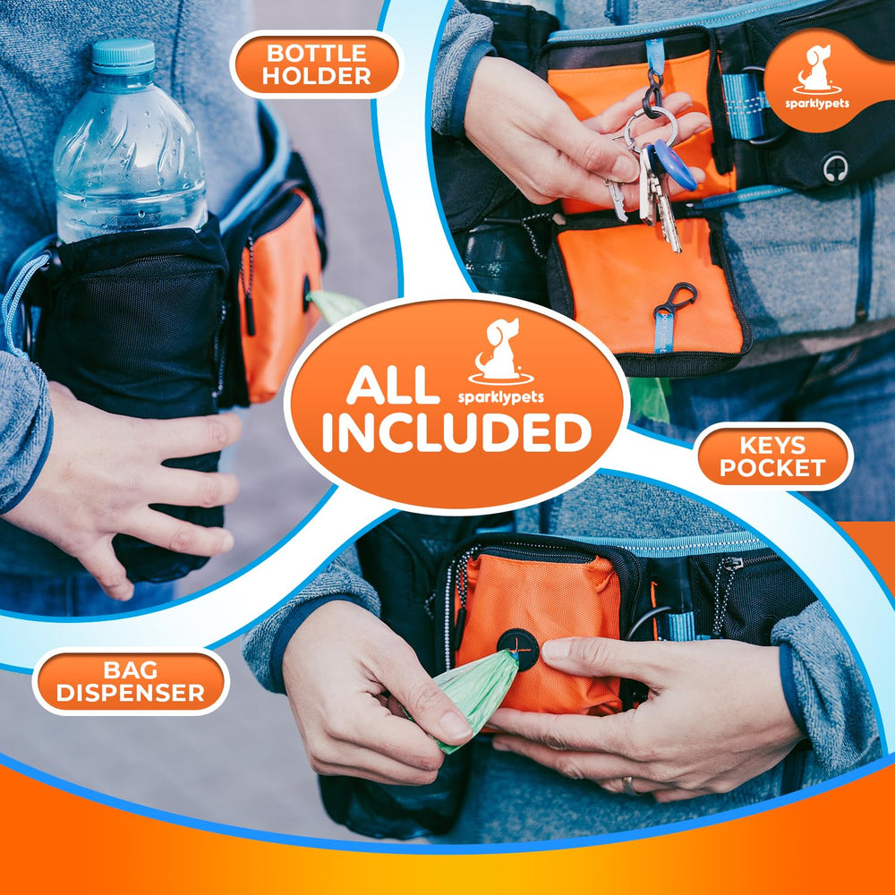 SparklyPets belt with bottle carrier, bag dispenser, and key holder for convenience.