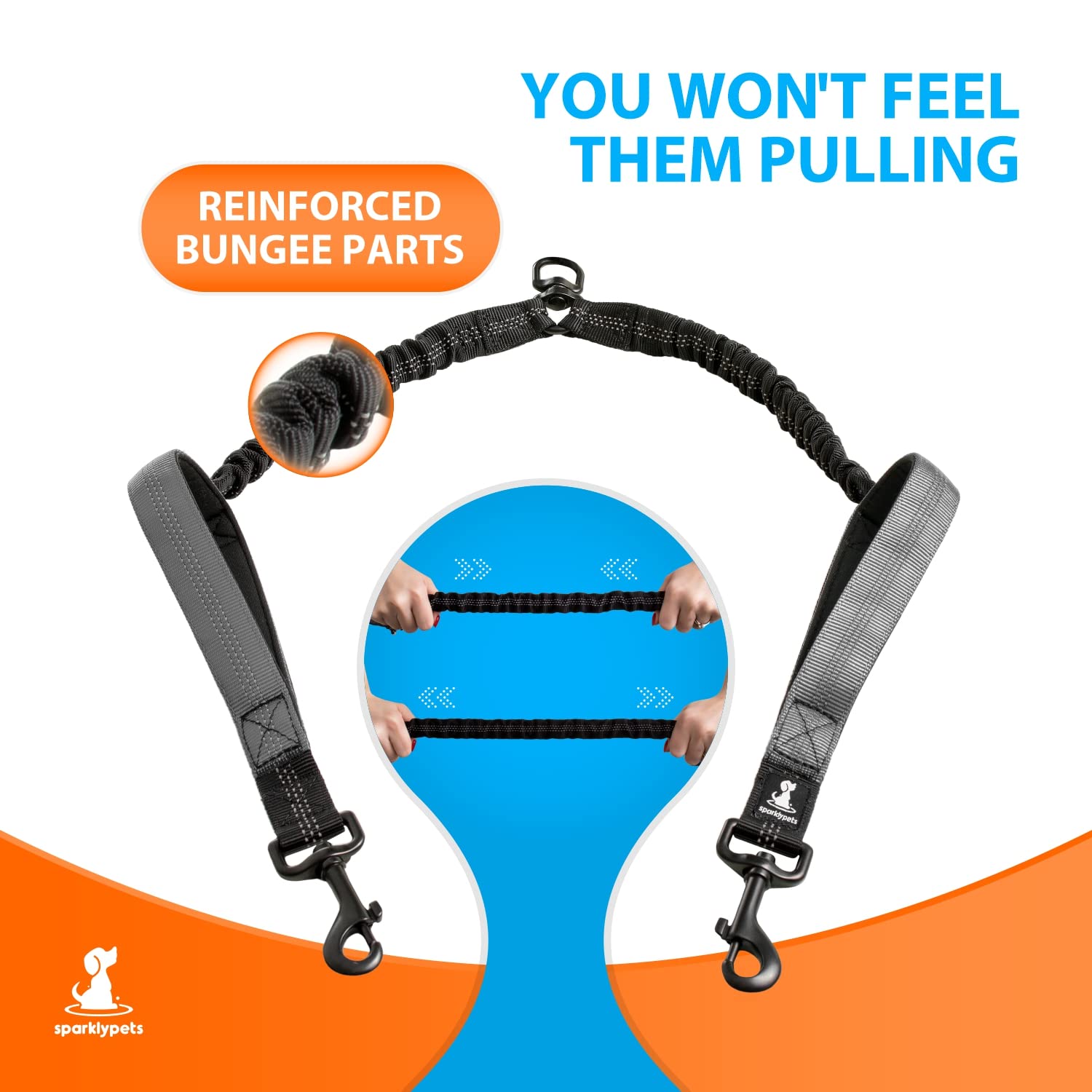 SparklyPets bungee leash with shock absorption reduces pull strain during walks.