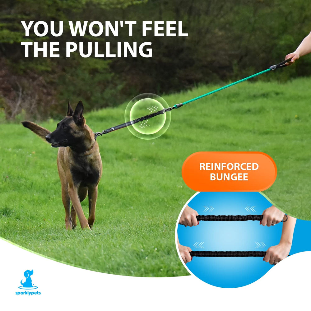SparklyPets bungee system highlights shock absorption for smoother outdoor strolls.