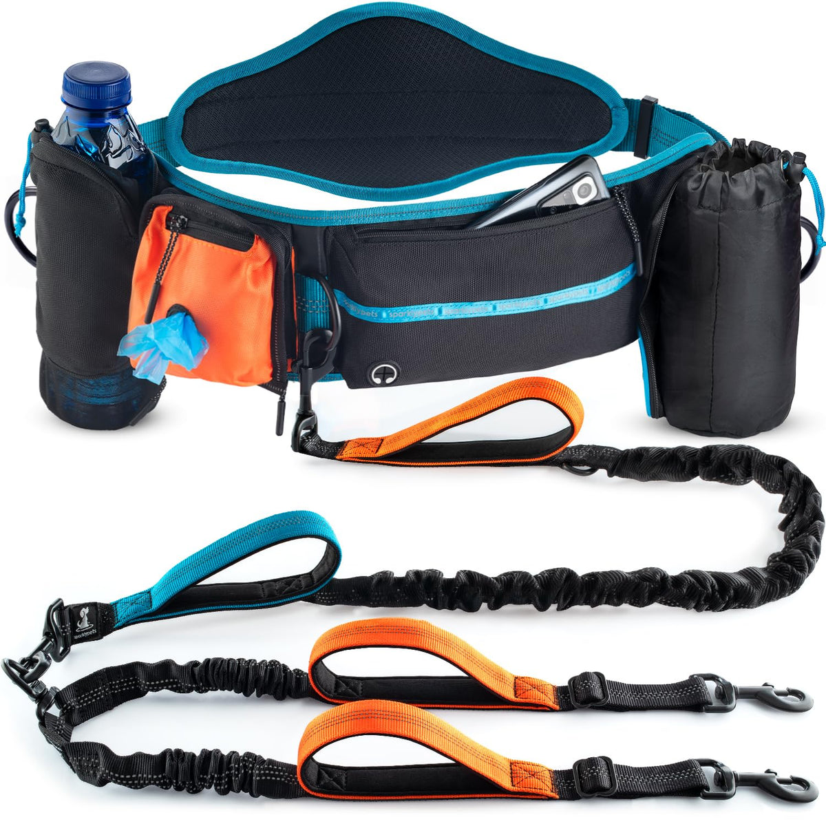SparklyPets Double Bungee Waist 2-Dog Leash back brace setup eases pull on long walks.