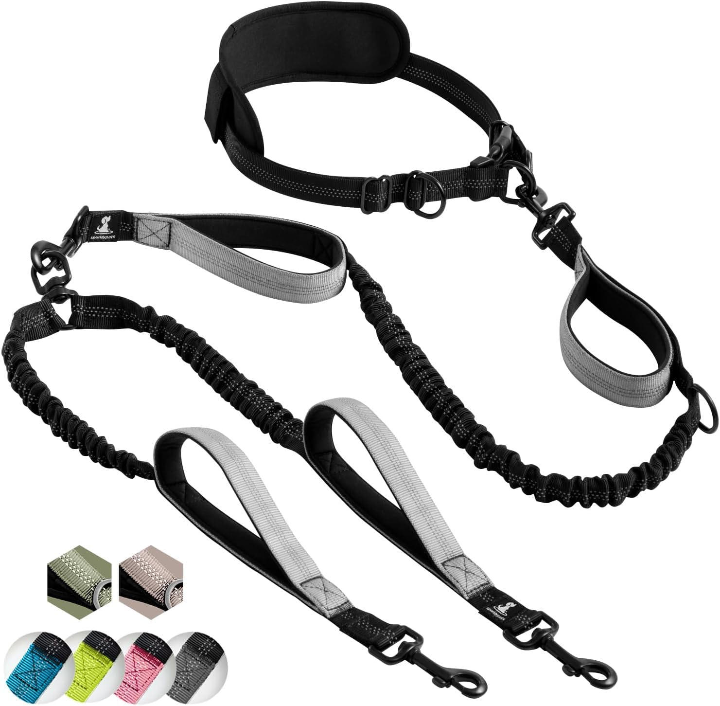 SparklyPets double dog leash handsfree walk enables controlled, relaxed stroll for two dogs.