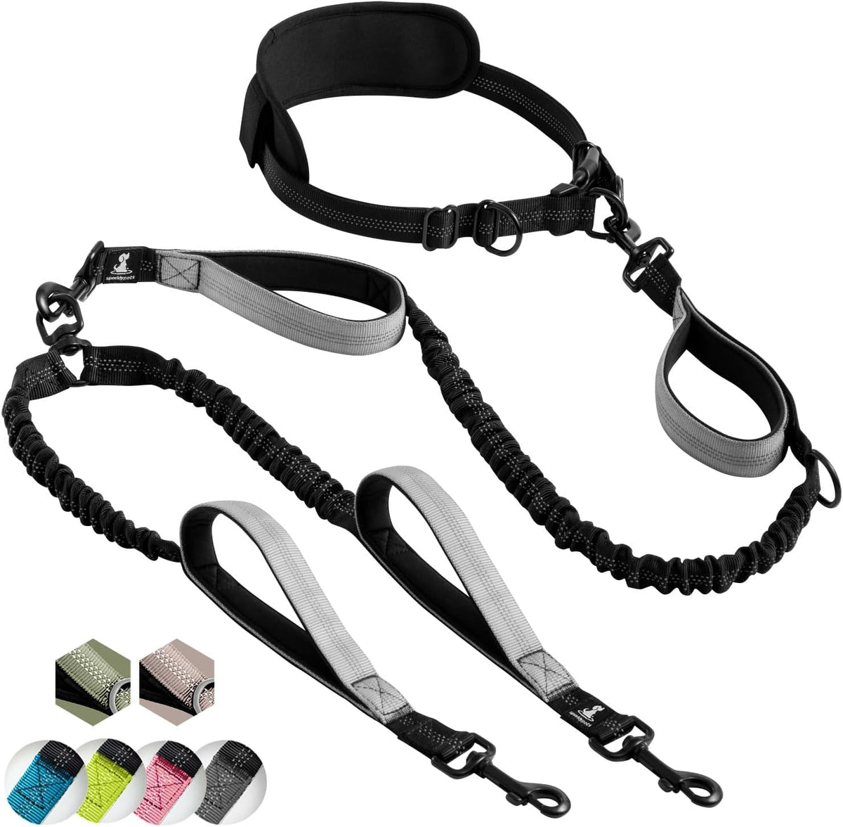 SparklyPets double dog leash handsfree walk enables controlled, relaxed stroll for two dogs.