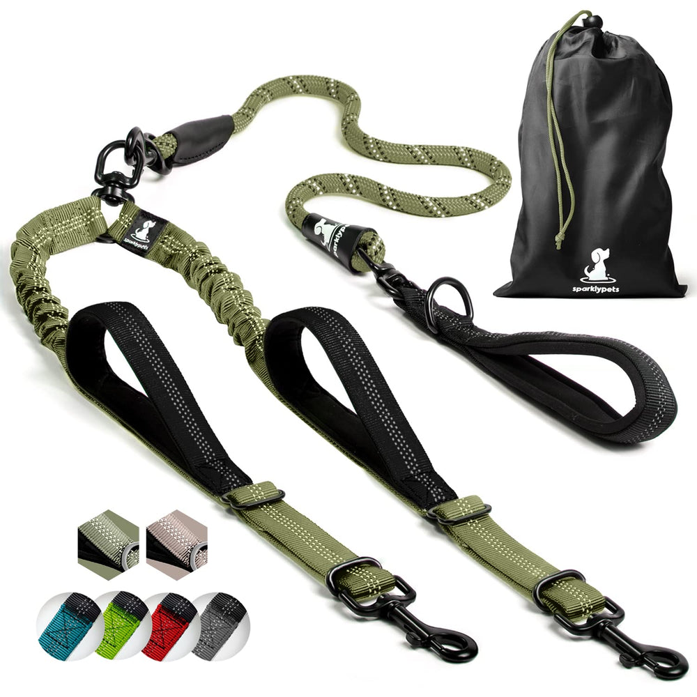 SparklyPets Double Dog Leash with no-tangle swivel keeps two dogs side by side during walks.