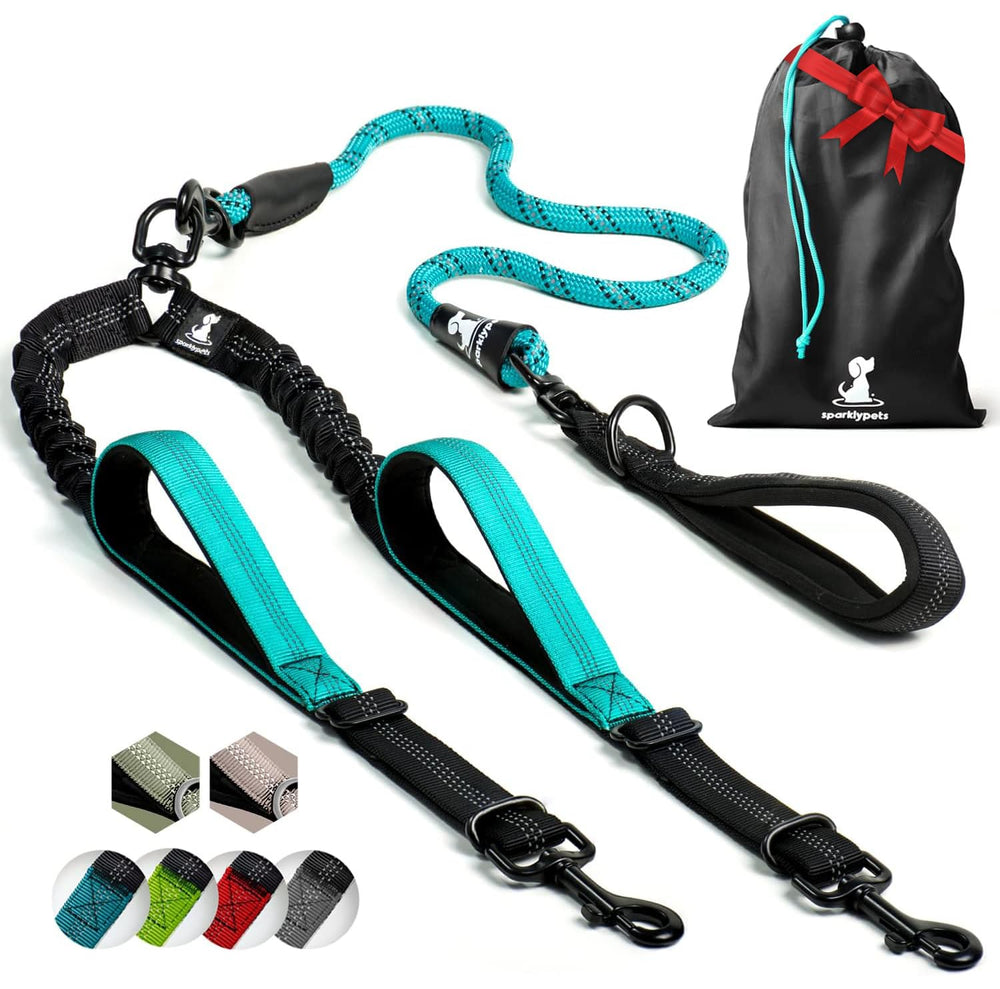 SparklyPets Double Dog Leash teal clip enables secure tandem walks for two dogs.