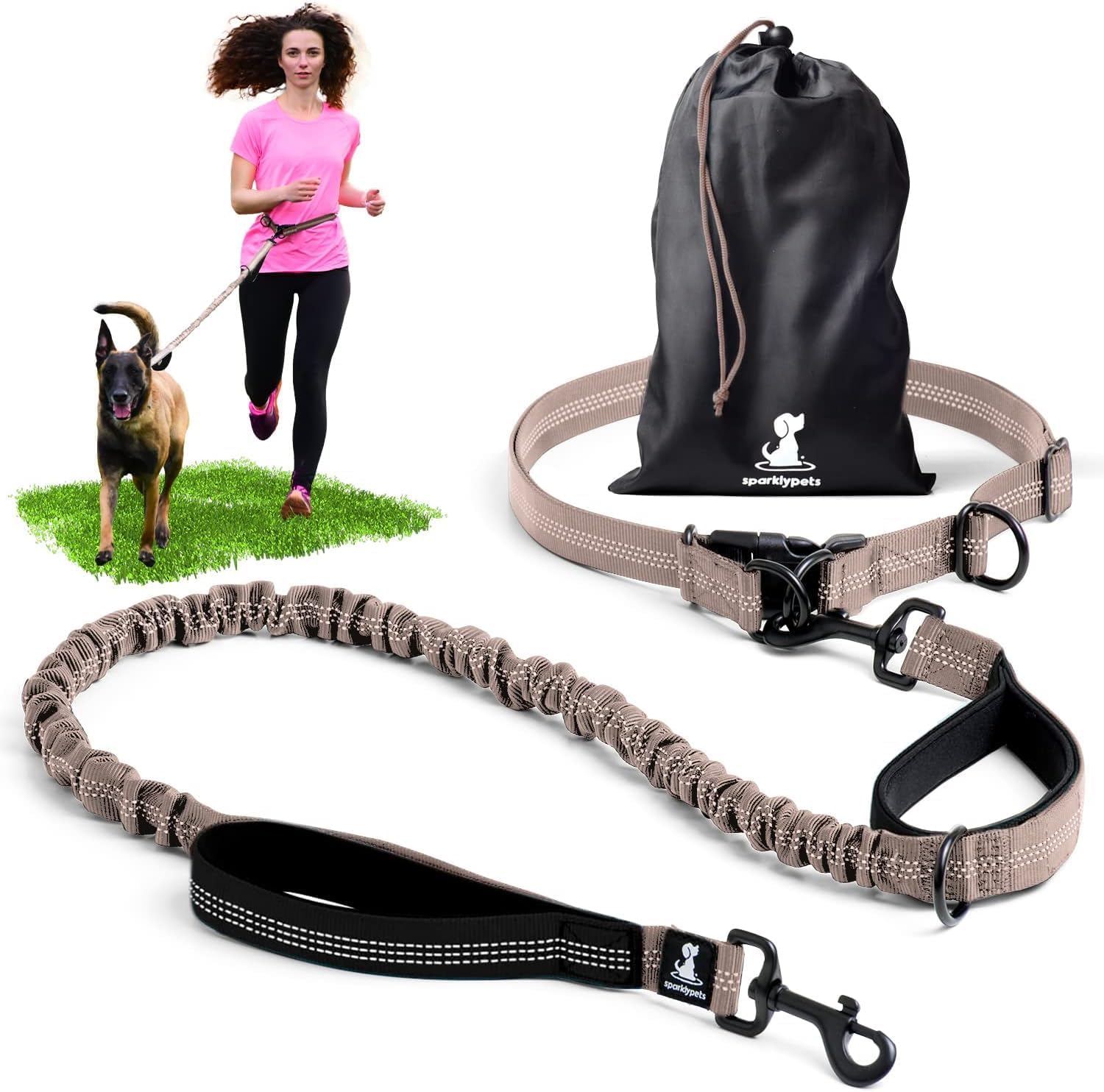 SparklyPets hands-free leash belt clips secure your dog during runs.