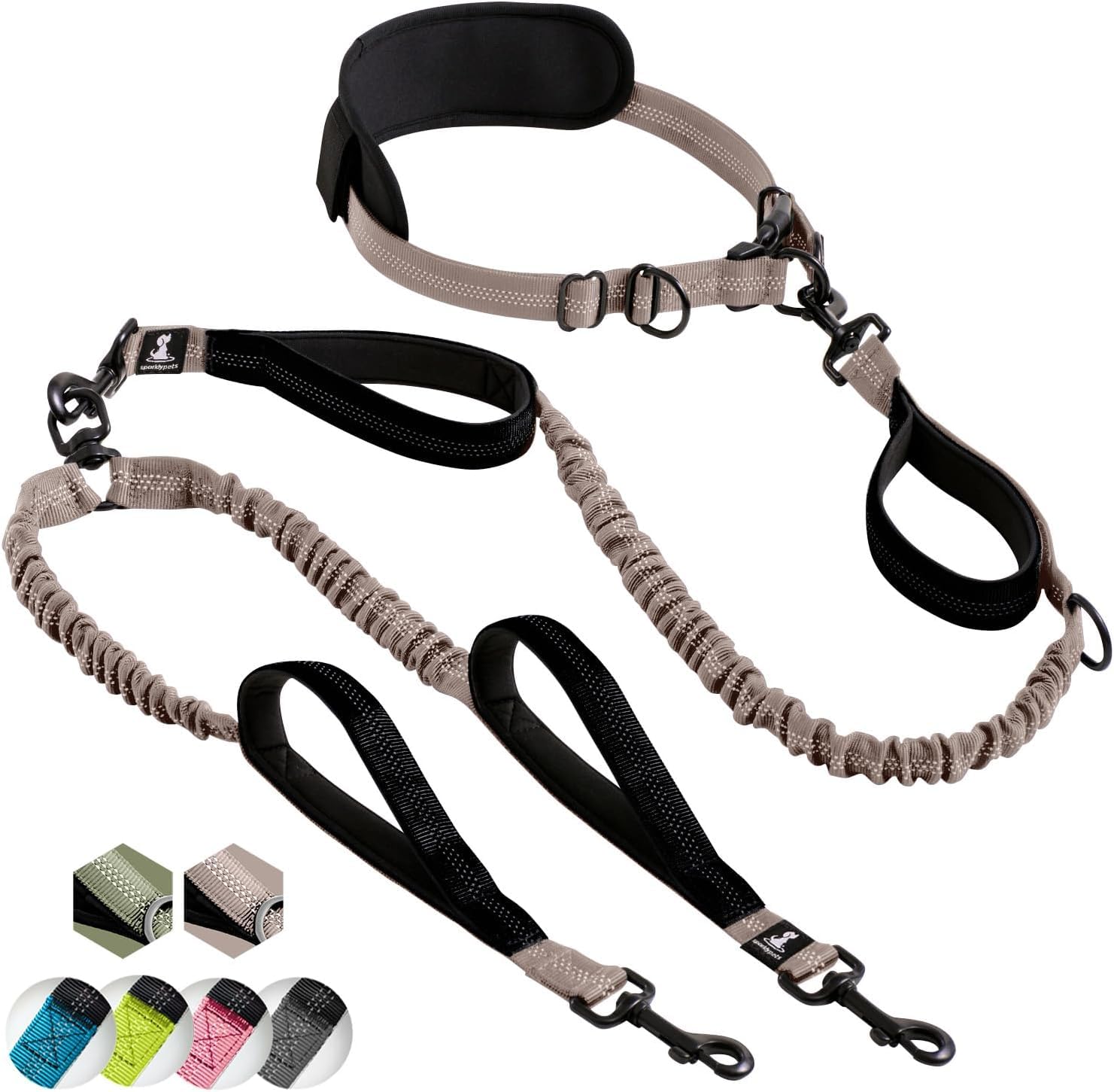 SparklyPets hands free double dog leash in brown main provides easier two-dog control during walks.