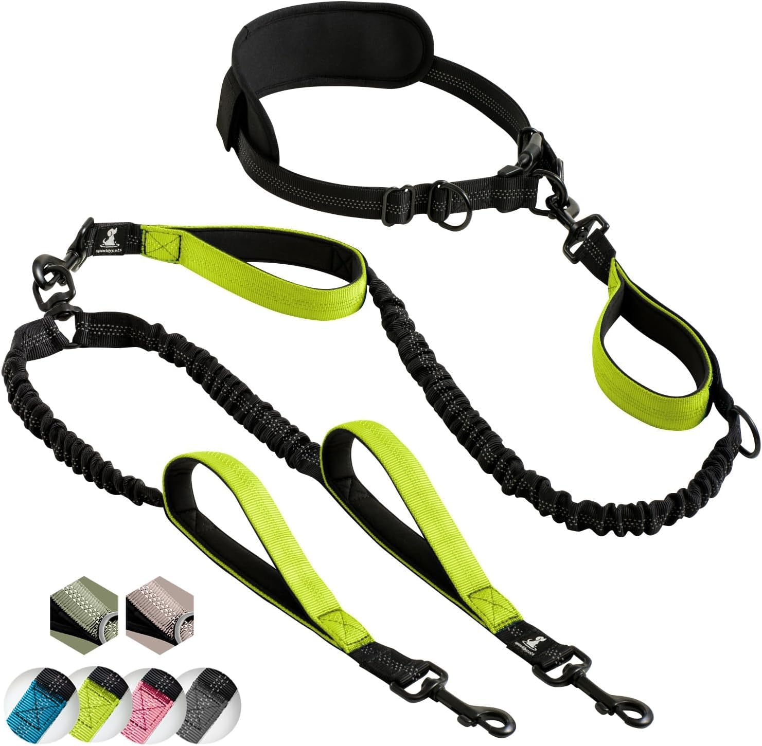 SparklyPets hands-free double dog leash with padded handles for comfortable two-dog walks.