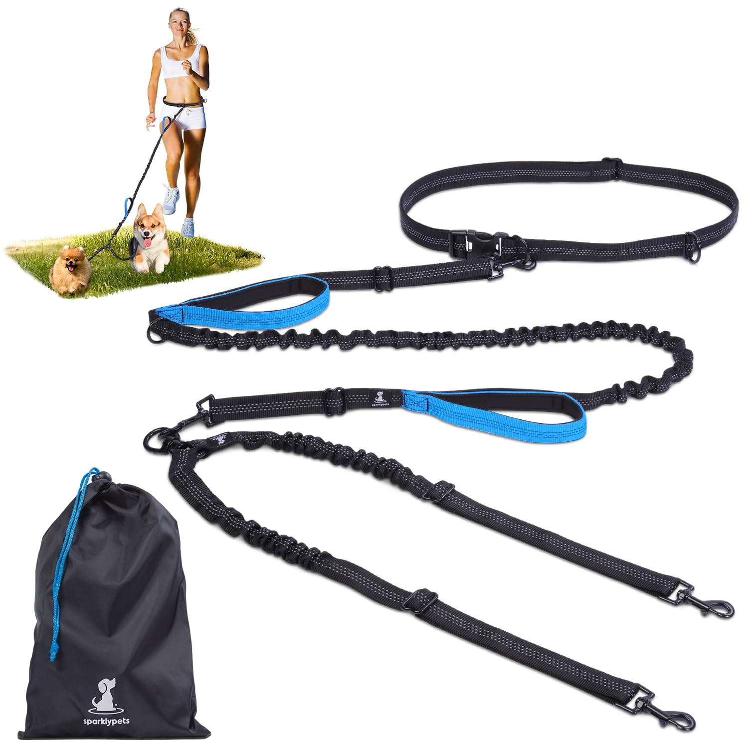 SparklyPets hands-free double-dog leash waist-strap for comfortable two-dog control.